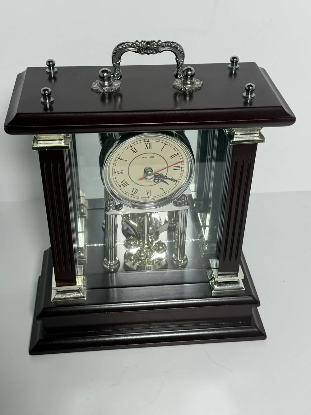 Vintage Wallace Silversmiths Mahogany Carriage Mantel Clock - Quartz, Works!